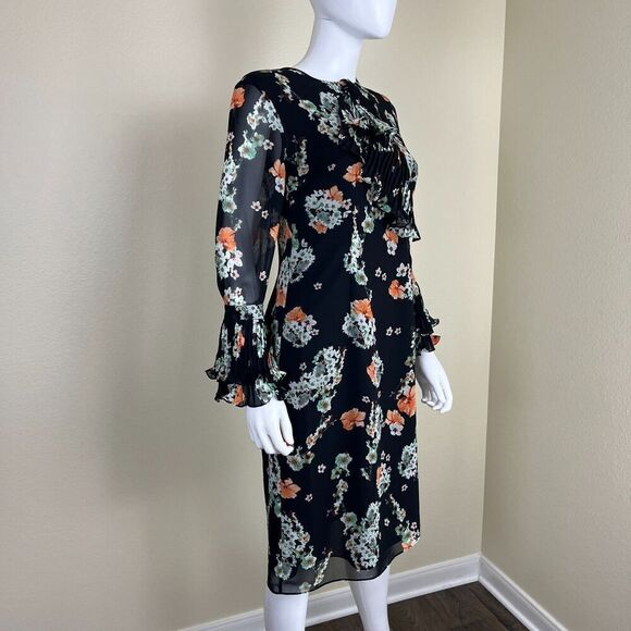 Mikael Aghal Women's Size 2 Floral Ruffle Pleated Sheer Dress Chiffon Victorian - Picture 7 of 13